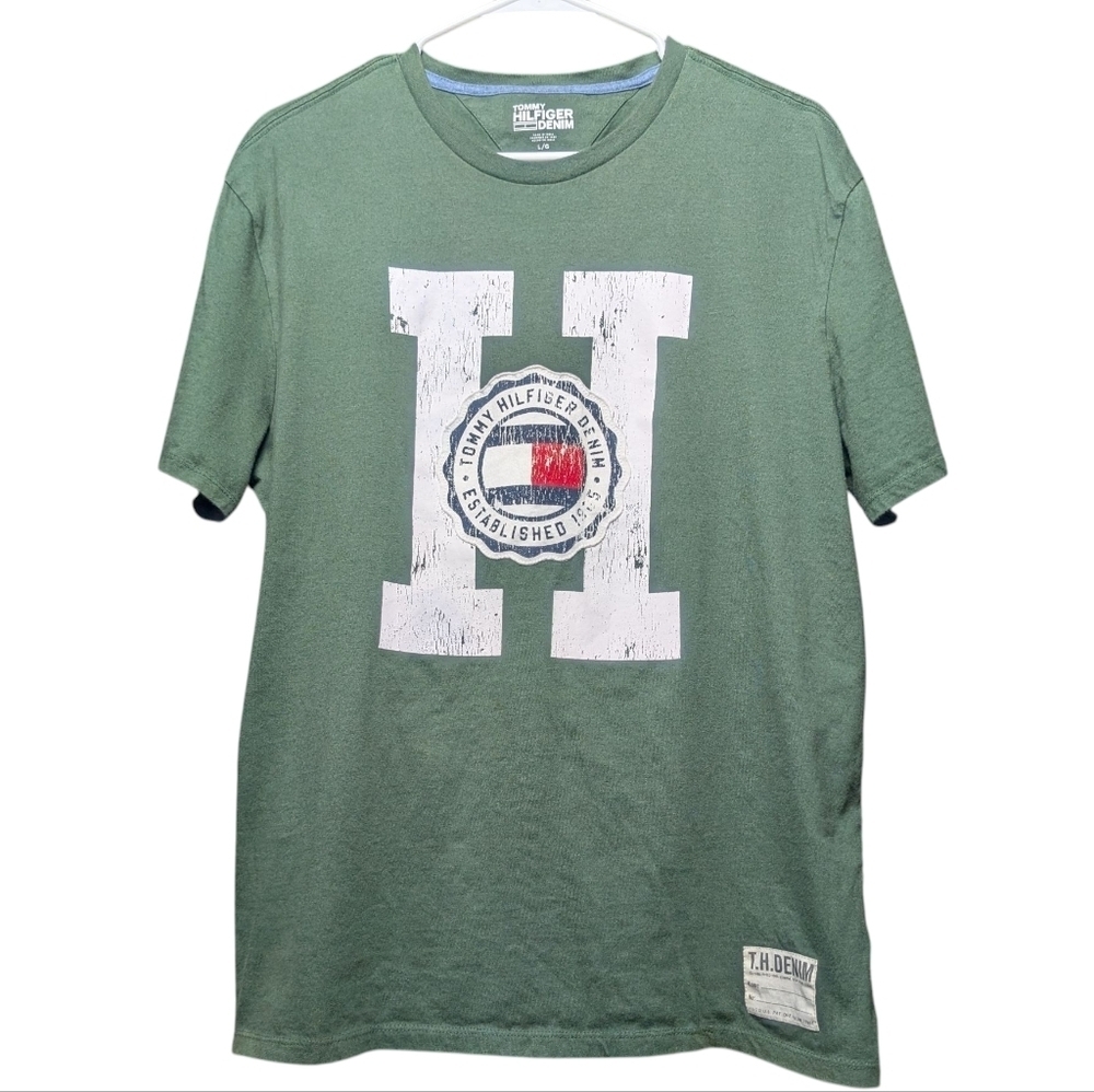 Tommy Hilfiger Retro Olive Green Logo Short Sleeve Tee Men's Large 90s 00s EUC - Picture 1 of 11